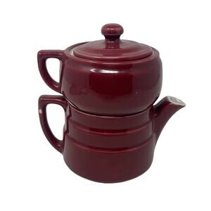 Three piece maroon Coorsite Pottery teapot infuser